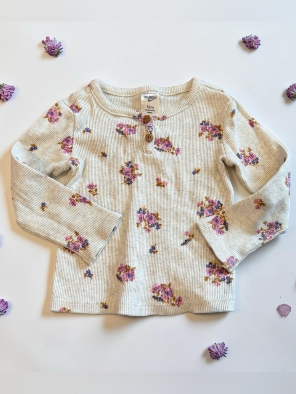 18M Floral Kids Shirt - Cream with Purple Accents